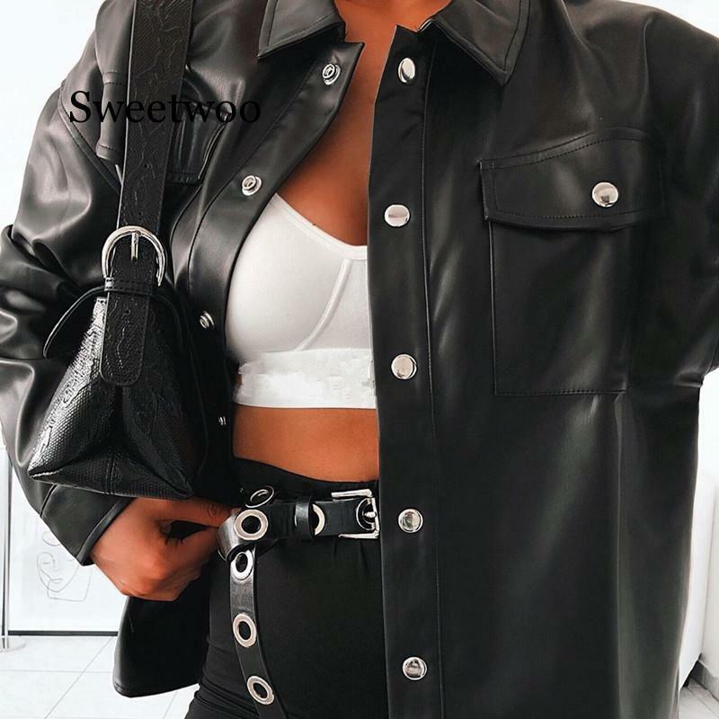 Streetwear Black PU Leather Blouse Women Cardigan Buttons Fashion Women's Shirt Top Long Sleeve Solid Leather Blouses