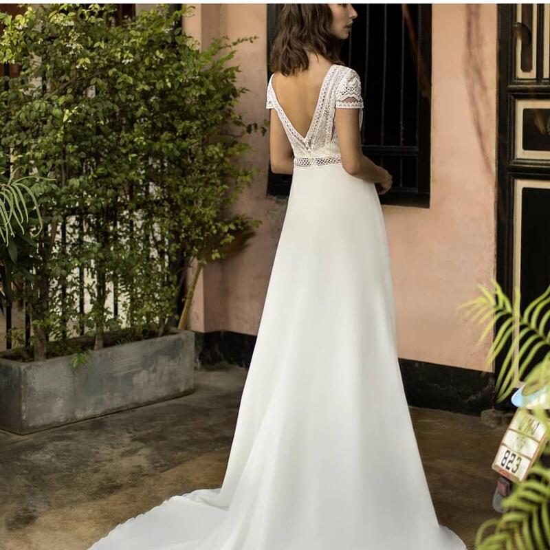 LSYX Bohemian Wedding Dress Lace A-Line Backless Floor Length Chiffon Court Train Bridal Gowns Short Sleeve Custom Made Robe De