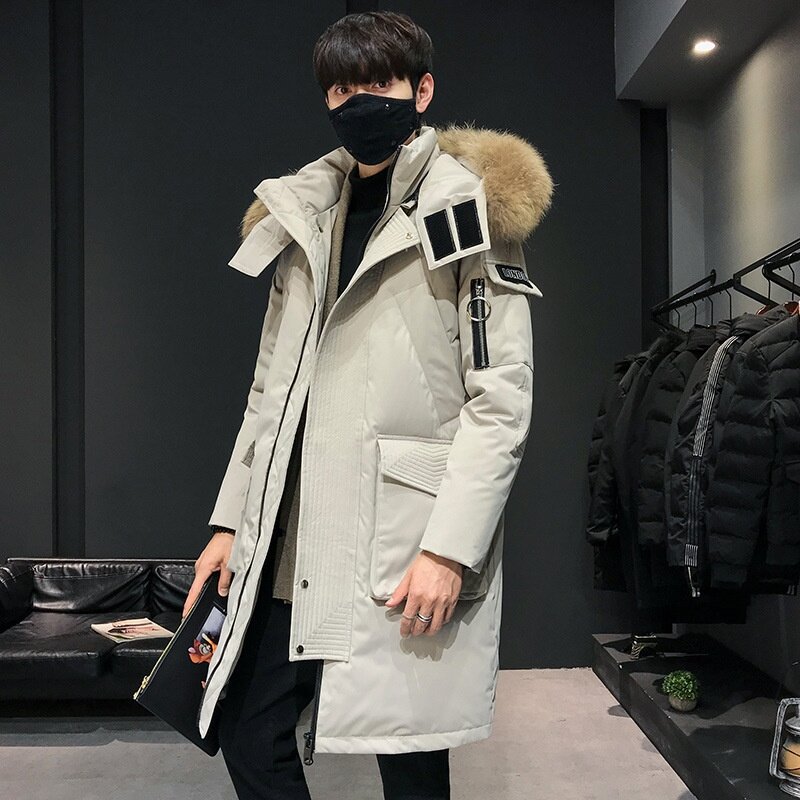 Style w koreańskim stylu na zimę biała kurtka puchowa mężczyźni biznes długi gruby ciepły wiatrówka z kapturem płaszcz mężczyźni jednolita moda parki mężczyzn