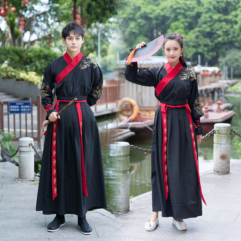 Китайское платье красного цвета для влюбленных, черное платье ханьфу, женские платья с вышивкой, китайский стиль, костюм для народных танцев, традиционная одежда для косплея