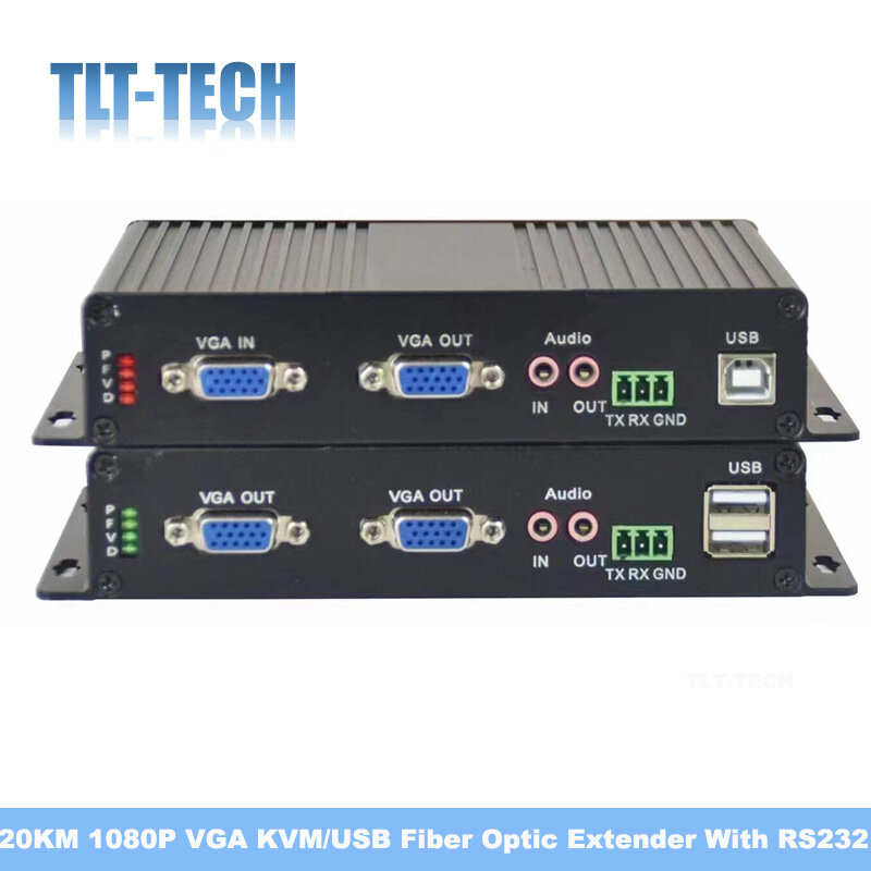 Extensor KVM de fibra óptica, receptor transmisor de Audio y vídeo VGA de 1080P, 20KM, con conector FC de modo único de Audio/datos RS232
