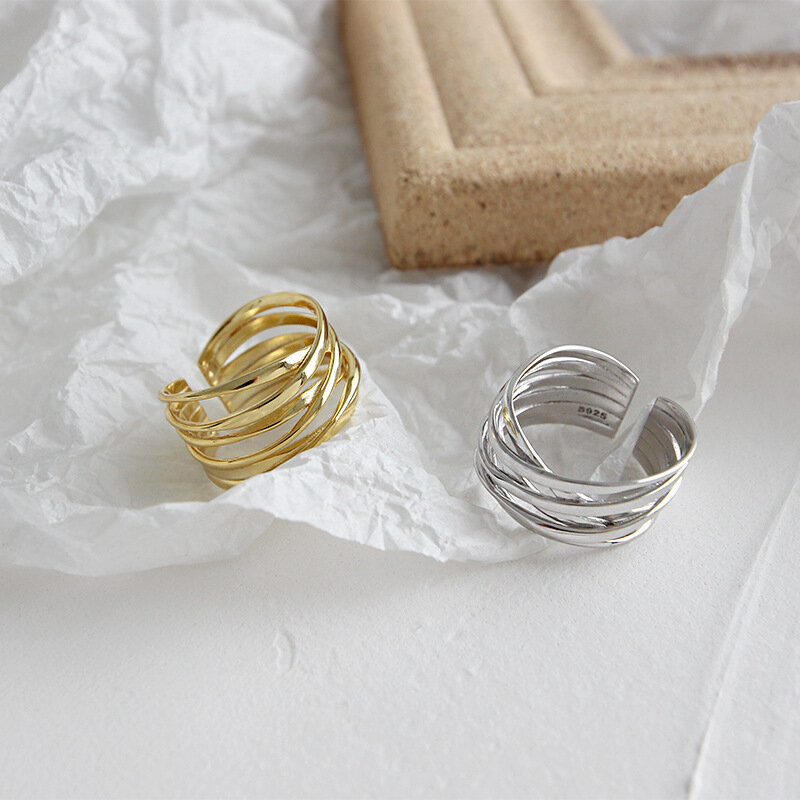 XIYANIKE-Anéis artesanais de cor prata para mulheres, multicamadas criativas, linha de enrolamento, geométrica, tamanho ajustável, 17.2mm, casal