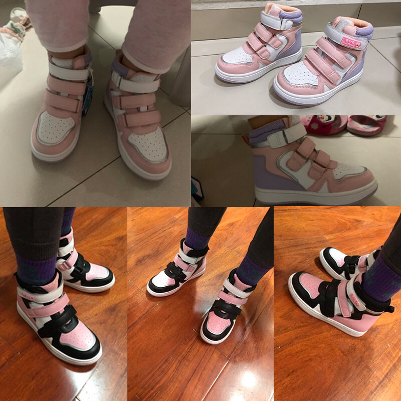 Ortolucland Tênis de couro ortopédico para crianças, botas rosa com palmilha ortopédica em arco para crianças, sapatos infantis para meninas, primavera