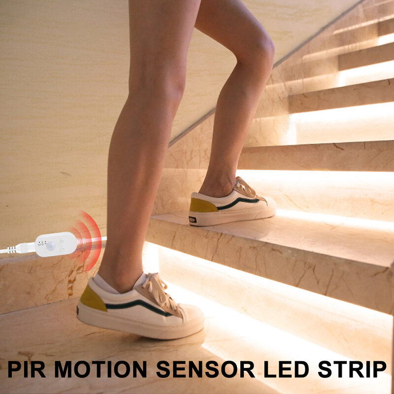 5V PIR LED oświetlenie kuchni taśma bezprzewodowe z czujnikiem ruchu lampa z czujnikiem światło szafkowe szafa lampa LED taśma wodoodporna USB LED oświetlenie wstążka