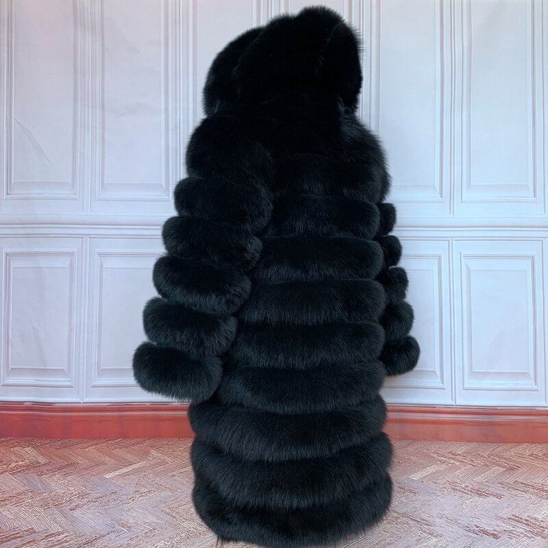 Abrigo largo de piel auténtica para mujer, chaqueta de piel de zorro Natural con capucha, talla grande, alta calidad, invierno, 2022
