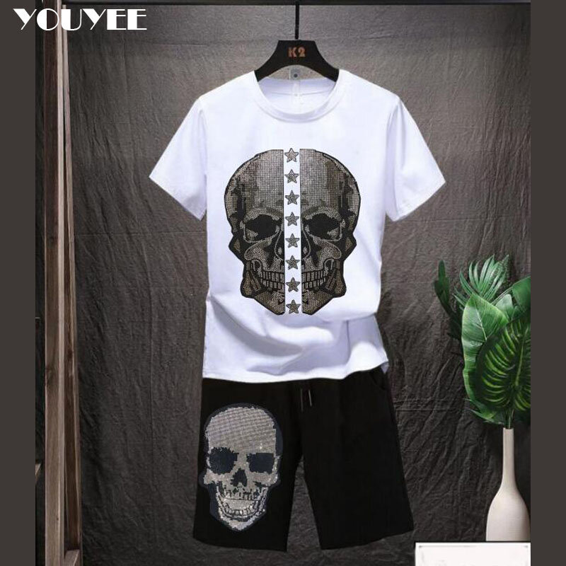 Men&#39;s Tracksuit Diamond Skull 2 PCS T Shirt+ Shorts Sets  Casual Cotton Training Suit Loose Sportswear Male Sportsuit Oversize