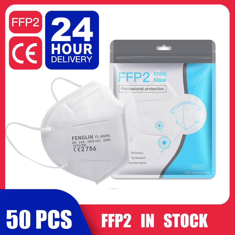 Mascarilla KN95 FFP2 con filtración, máscara facial transpirable, antiniebla, antipolvo, 50 Uds.