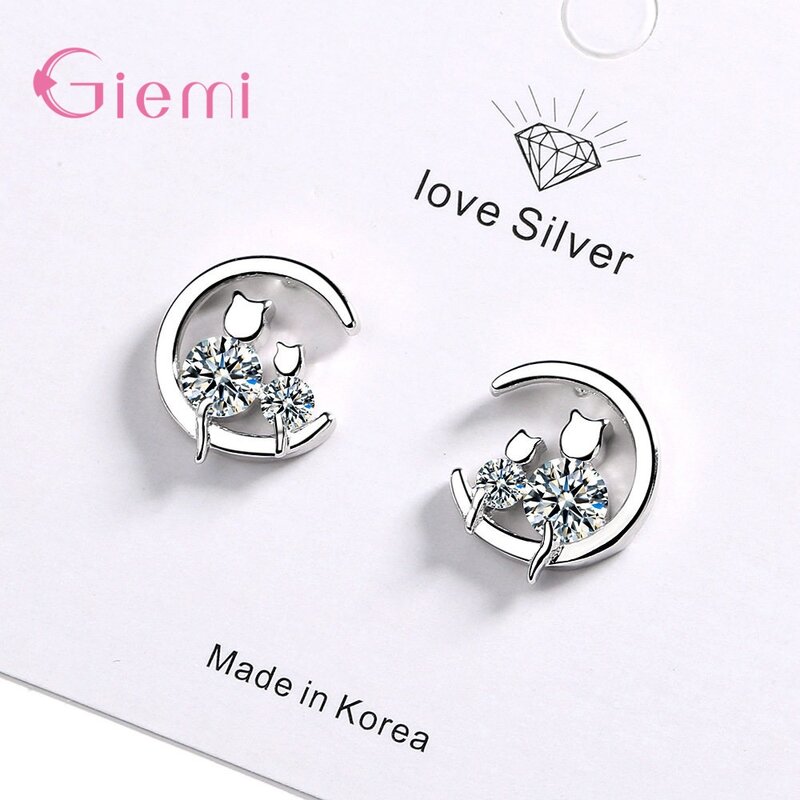 Hurtownie nowe stylowe S925 srebro dwa słodkie koty błyszczące kryształowe kolczyki sztyfty dla kobiet dziewczynki biżuteria studencka