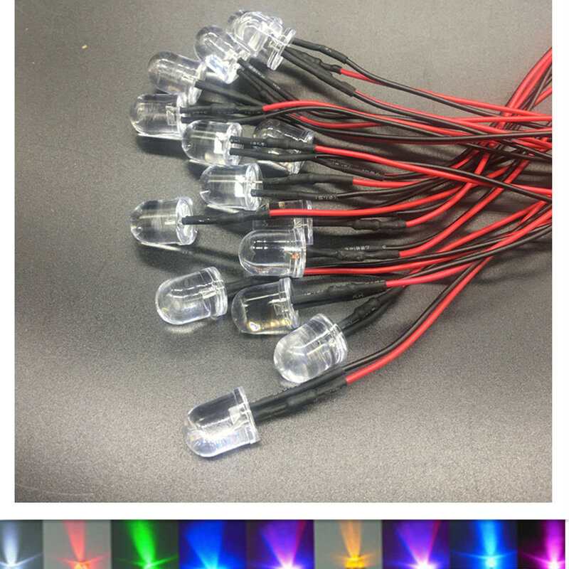 Bombilla LED precableada para decoración del hogar, diodos emisores precableados, 20cm, 10mm, DC12V, lote de 20 piezas