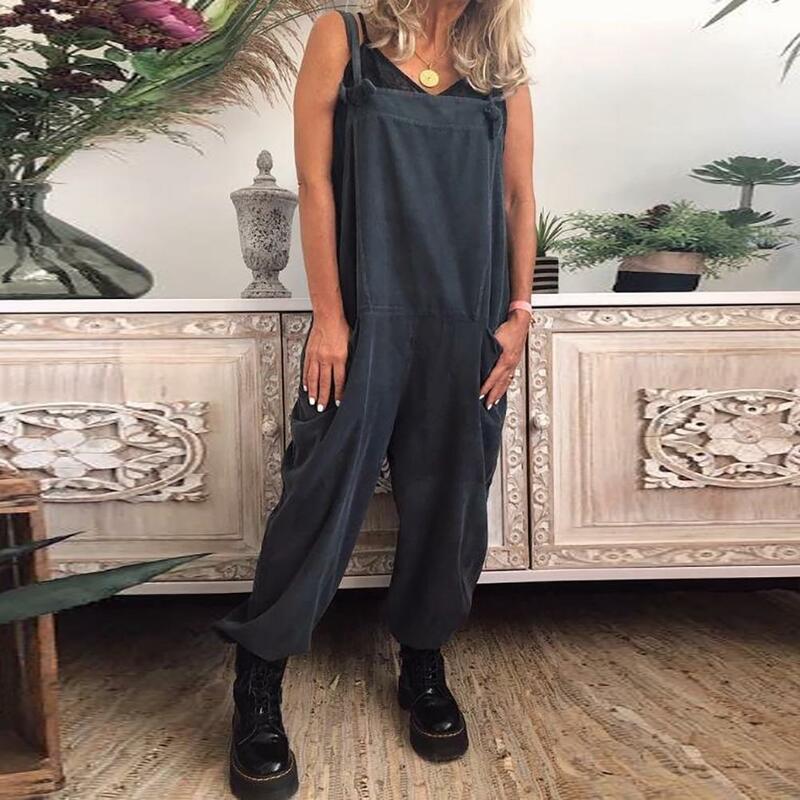 80% HOT SALES！！！Women Casual Solid Color Sleeveless Pockets Long Pants Strap Jumpsuit Overall