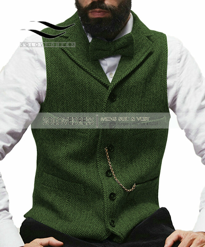 Mens Suit Vest Revers V-hals Wol Visgraat Casual Formele Zakelijke Vest Groomman Voor Bruiloft Groen/Bordeaux/ bruin