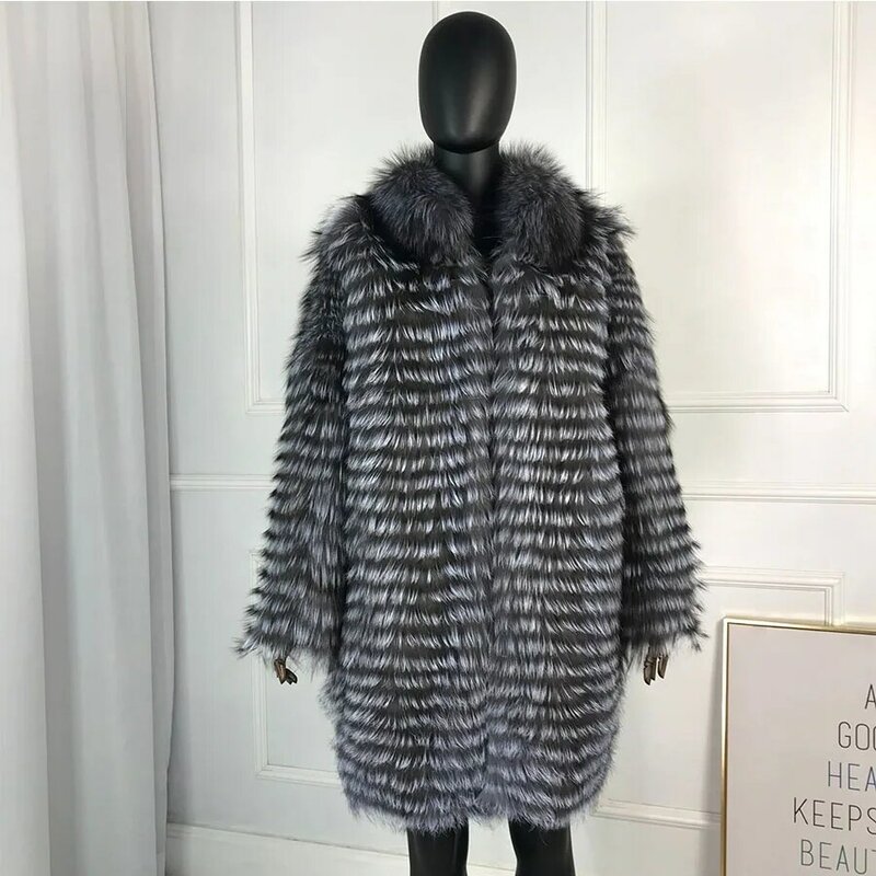 Casaco de pele de raposa de prata quente feminino natural casacos de pele longa casaco de pele de raposa real plus size