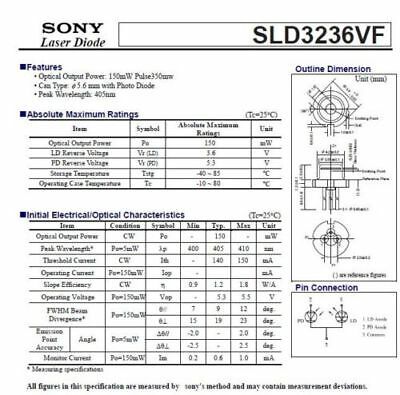 Diodo Laser SLD3236VF 405nm 150mW 5.6mm viola/blu TO18 Pulse 350mW LD