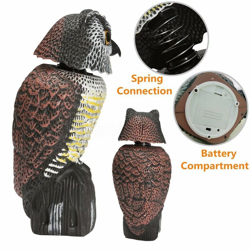 Cabeça de pássaro 360 ° girar, cabeça de coruja som, decoy, proteção, repelente, controle de pragas, espantalho, jardim, decoração de movimento