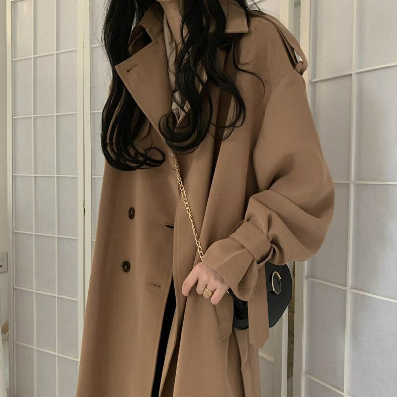 Trench coats feminino cáqui inverno outerwear elegante solto das mulheres casacos longos lazer estilo britânico retro streetwear moda sólida