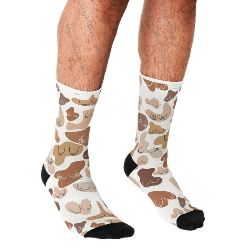 ถุงเท้าตลกฮาราจูกุชายที่มีสีสัน Boobs รูปแบบถุงเท้าพิมพ์ลาย Happy Hip Hop Novelty สเก็ตบอร์ดลูกเรือลำลองถุงเท้า Crazy