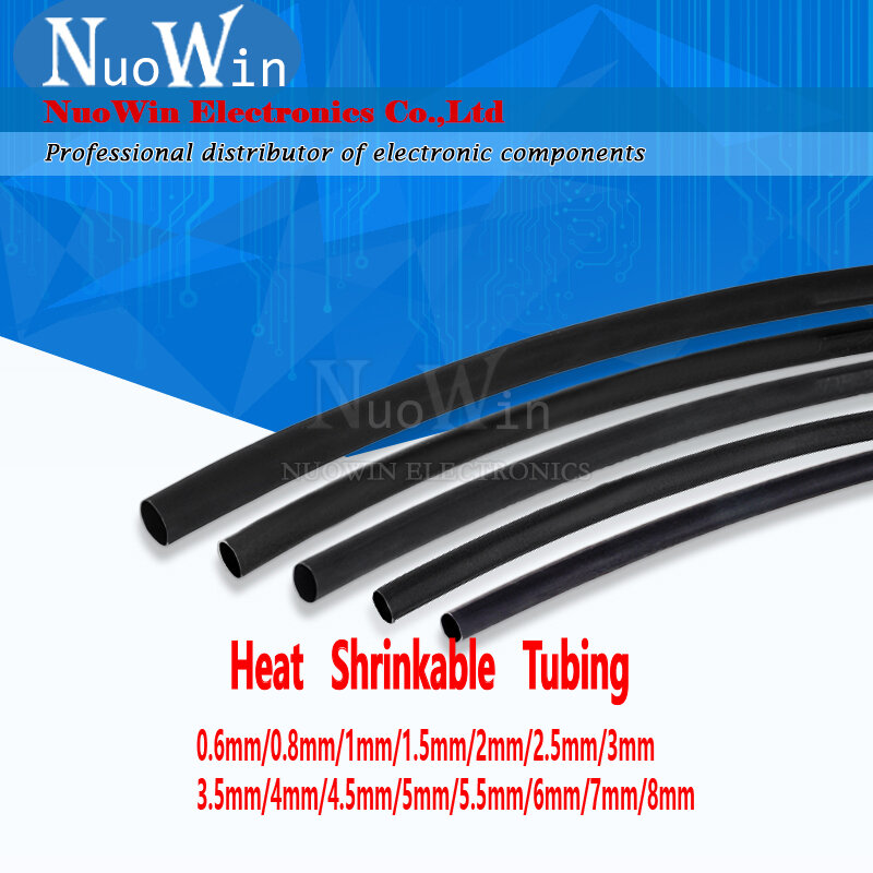 Black Heat Shrink Tube, Sleeving Wrap Wire, Heatshrink Tubing, 2:1, 0.6mm, 1mm, 1.5mm, 2mm, 2.5mm, 6mm, 12mm, 25mm, 50mm, 60mm, 1 medidor