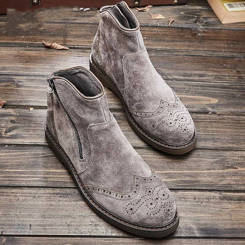 Vaca de luxo homens chelsea camurça couro real sapatos de alta superior vintage esculpida tornozelo cinza estilo britânico botas segurança trabalho