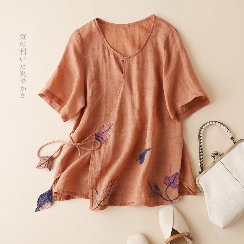 2002 Summer New Women Retro Embroidery Cotton Linen Shirt Loose Plus Size All-match Blouse Irregular Shirt Tide Free Shipping