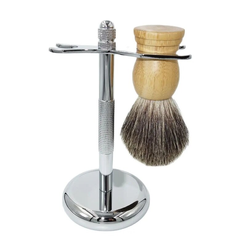 IRAZOR Mens Shaving Tool Kit 스탠드 마하 3 더블 에지 안전 대나무 손잡이가있는 스트레이트 면도기 홀더 Pure Badger Hair Brush