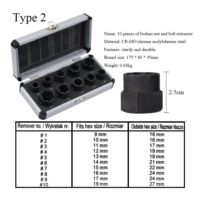 10Pcs Nut Screw Remover Extractor 9-19mm Removal Set Bolt Impact Damaged Nut Screw Removal Socket Wrench Extractor Hand Tool Kit