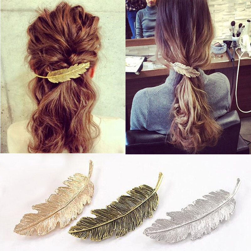 1pc Vintage Metal Leaf Feather Hair Clip Girls Hairpin Princess Hair Barrette Accessories Hairpins For Women Styling Tools
