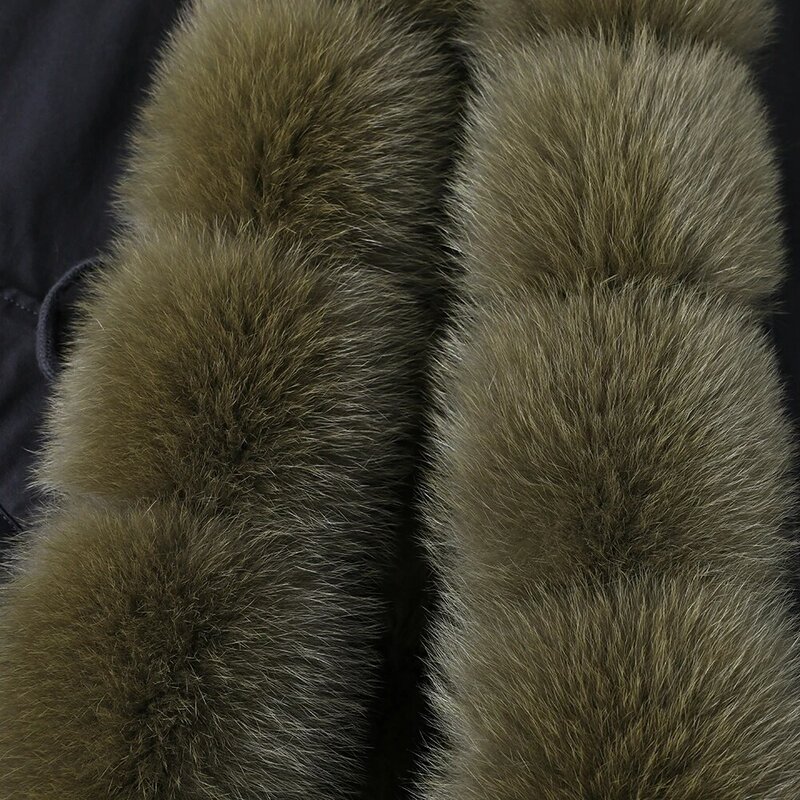 Maomaomao冬の女性のキツネの毛皮の襟の毛皮のコートウサギの毛皮裏地上膝プラスサイズパーカー女性スリムフィットコート