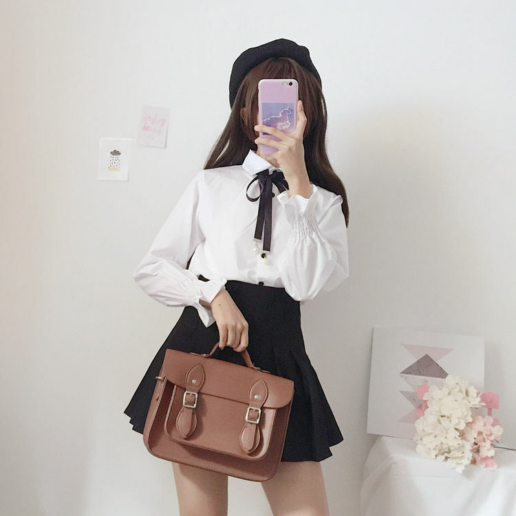 Japanese Style Simple Korean Fashion Style Bow Beads Long Bell Sleeve Student  White Shirt Female Women Tops Button Up Harajuku