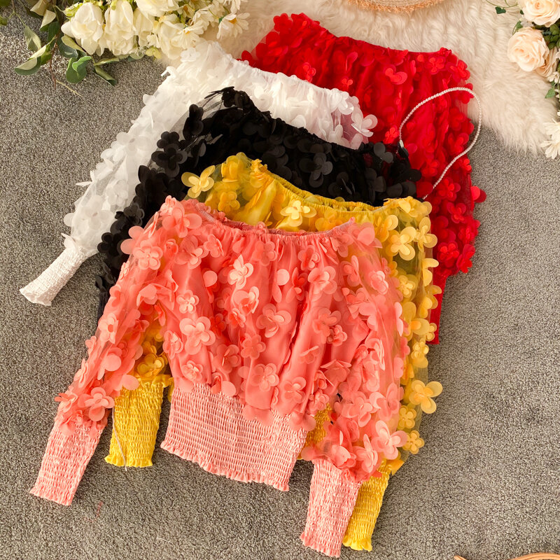 Шикарная шикарная блузка Cakucool с 3D цветами и пышными рукавами, рубашка с воротником-лодочкой, пикантные облегающие шифоновые блузки с эластичным поясом, рубашка, милый пуловер для девочек