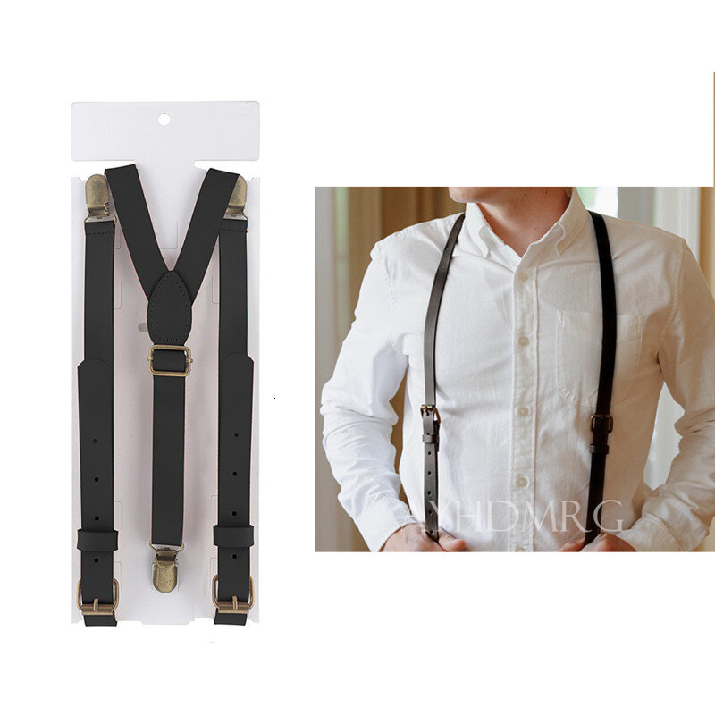 สไตล์อังกฤษ 3 คลิปMens Suspenders Vintage CowhideคาวบอยหนังSuspender Bronzeคลิปสายคล้องกางเกงBraces