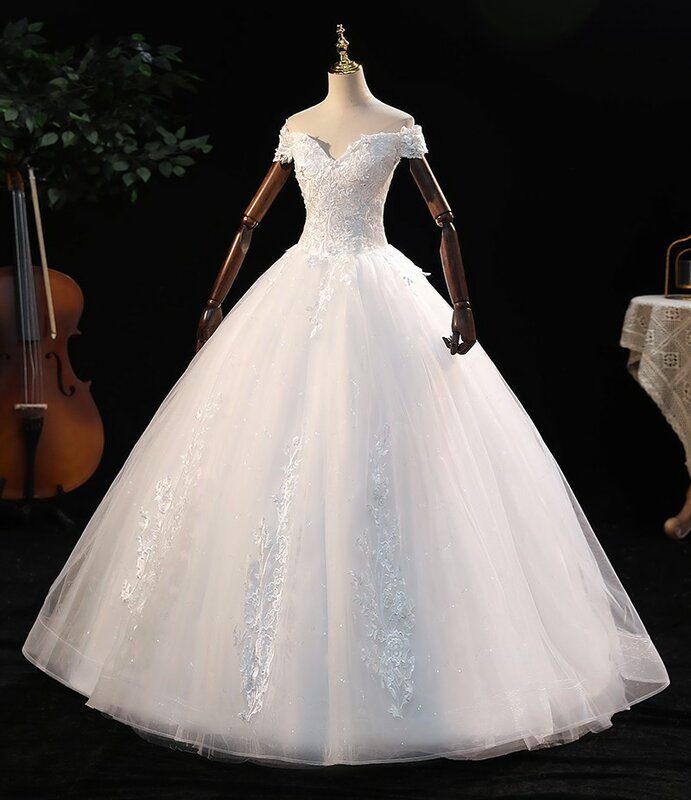Uit De Schouder Trouwjurk 2021 Elegante Boothals Bridal Dress Lace Up Baljurk Prinses Luxe Vestido De Noiva aanpassen
