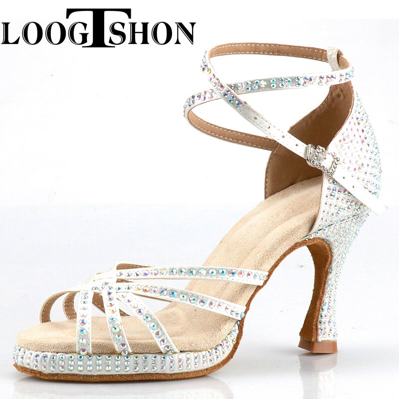 Loogtshon Pearl Sapatos de dança strass, salto de dança latina profissional, Soft Samba Rumba Cha Sapatos de dança para senhora 9cm