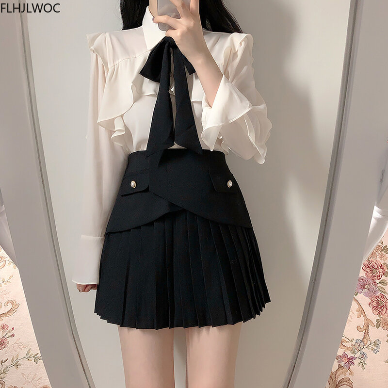 Ruffled Bow Tie Top Autumn Basic Office Lady Work Wear Flare Sleeve Cute Women Single Breasted Button Solid White Shirts Blouses
