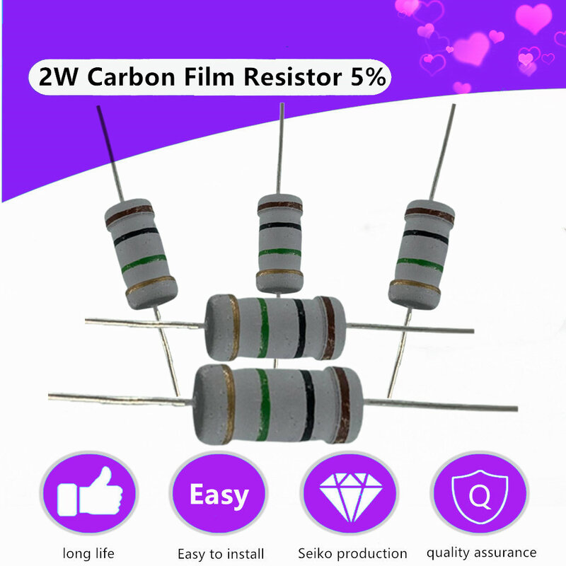 5% Resistor Cincin Empat Warna 20 Buah/Lot Resistor Film Karbon Set Berbagai Macam Kit 2W Rentang Penuh Resistensi Ohm 1R ~ 1M 1K 10K 220R,Penjualan panas di India, pengiriman cepat