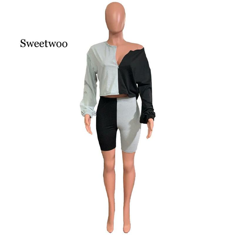 Color Patchwork Women Fitness Tracksuit Long Sleeve Zipper Off Shoulder Crop Top +Shorts Home Suit Two Piece Set Plus Size S-3XL