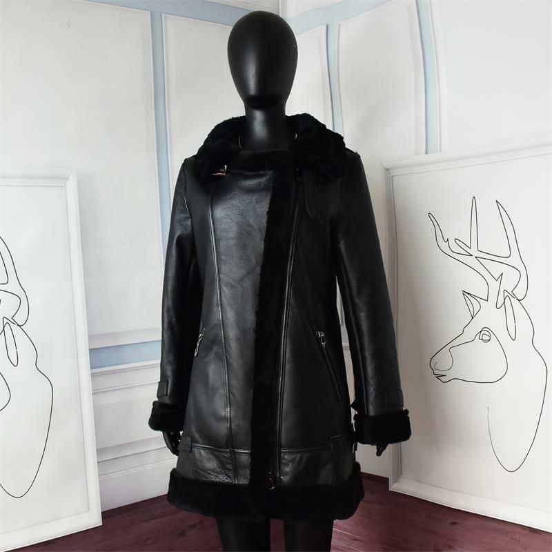 Jaqueta de aviador de couro grosso feminina casacos de pele de carneiro feminino, inverno, 2021
