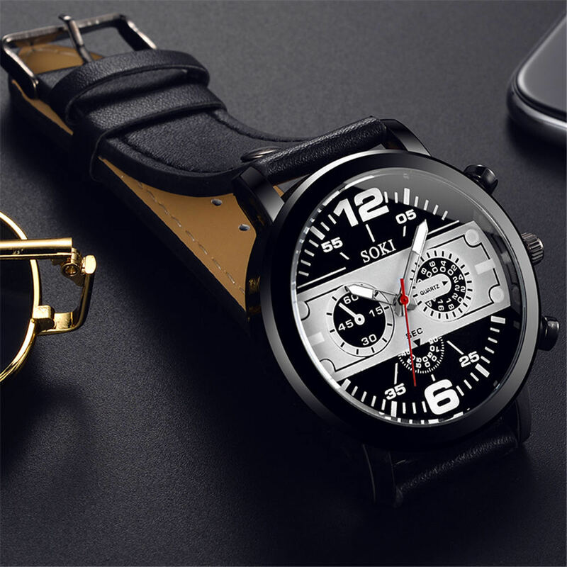 ساعة يد كبيرة للرجال كوارتز من الجلد ساعة يد للأعمال ساعة رجالية Zegarek Masculino ساعة تناظرية باللون الأسود ساعة رجالية