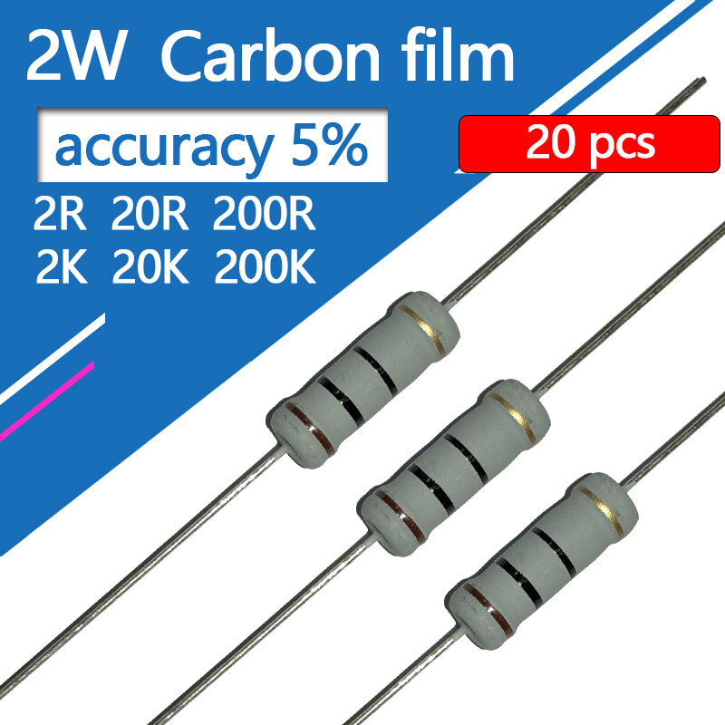 20 buah 2W 5% Resistor Film karbon 0.2R 2R 20R 200R 2K 20K 200K 2 20 200 R K Ohm