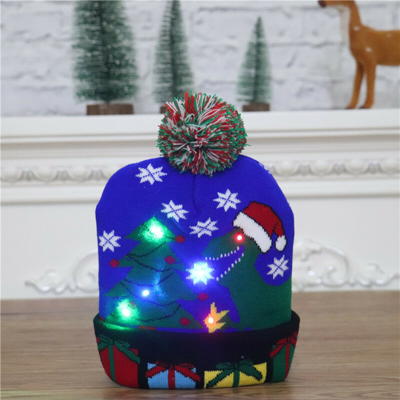 Tahun Baru Topi Natal Persediaan Sweater Santa Rusa Rajutan Topi Beanie dengan LED Menyala Kartun Pola Hadiah Natal untuk Anak-anak