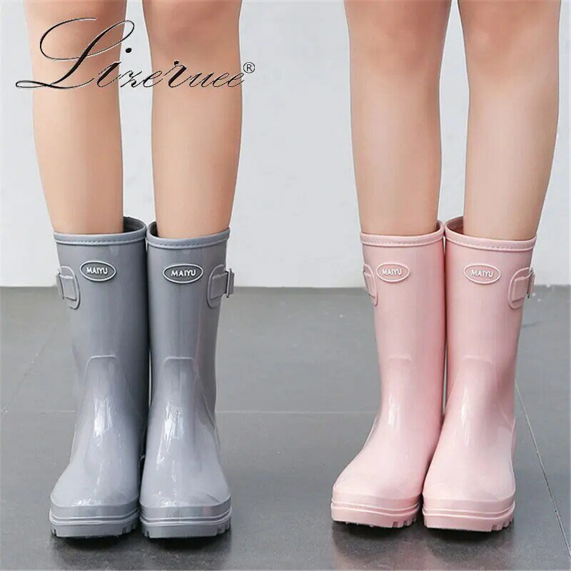 Women Mid-Calf Rain Boots Fashion Simple Jelly Waterproof Non-Slip Middle Tube Rubber Shoes Cute Shoes Outdoor Rain Shoes PVC
