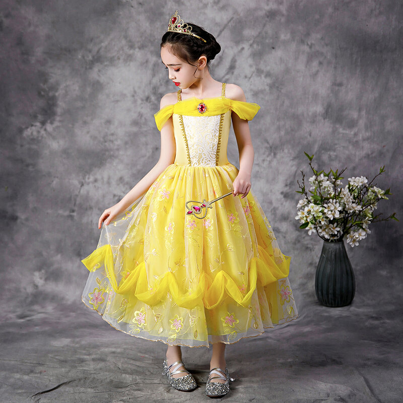 벨 드레스 소녀 공주 드레스, 어린이 여름 코스프레 의상, 생일 할로윈 파티, 어린이 미녀와 야수 의류