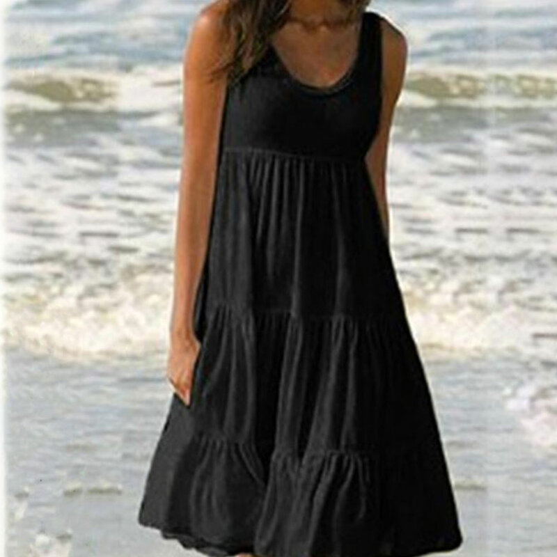 Jocoo Jolee-Mini vestido sem mangas para mulheres, vestido de verão Boho Beach, O Neck, Solto, Tamanho grande, Monocromático, Verão, 2023