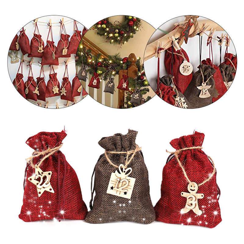 Christmas Calendar Gift Bag Environmentally-Friendly 24 Advent Calendar Burlap Bag, Durable Hanging Drawstring Gift Bag
