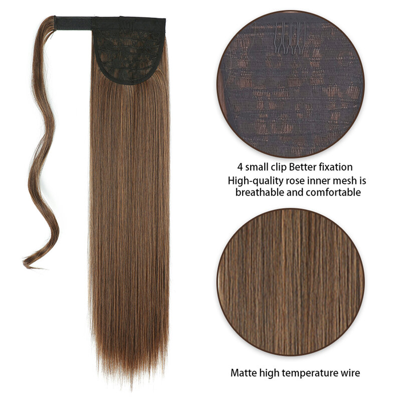 AZIR-extensões retas longas do cabelo do rabo de cavalo para mulheres, cabelo resistente ao calor, envoltório em torno do pônei Hairpiece, 22 ", 32"