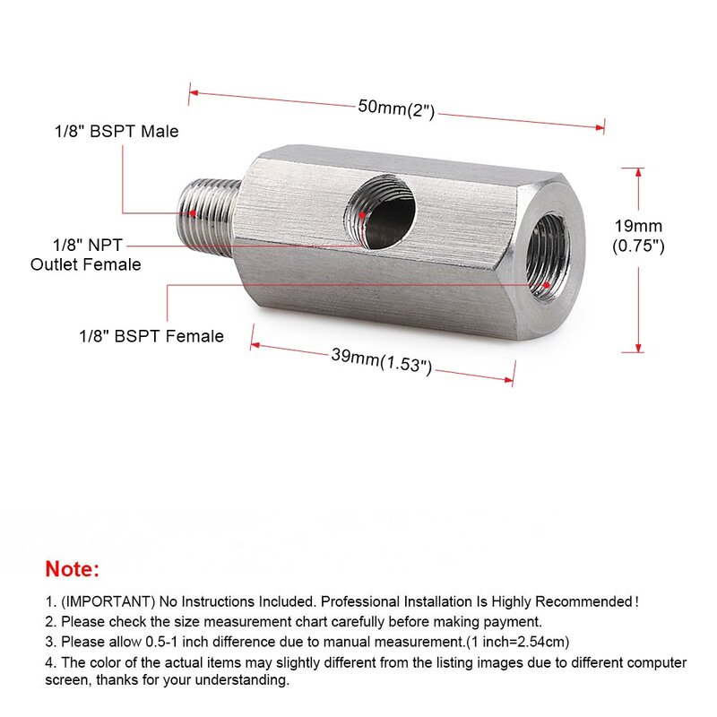 Sensor De Pressão De Óleo De Aço Inoxidável, BSPT Tee Montagem Para Adaptador NPT, Turbo Feed Line Gauge T, 1/8"
