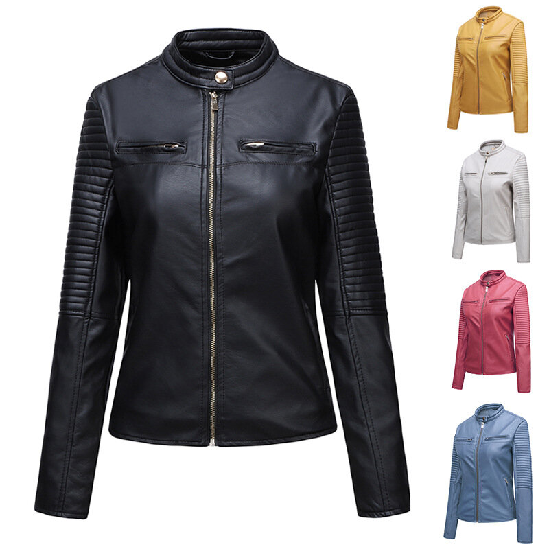 女性の合成皮革のジャケット,「女性のためのファッショナブルな秋のジャケット,スタンドカラー,ジッパー,ショートコート,バイカースタイル