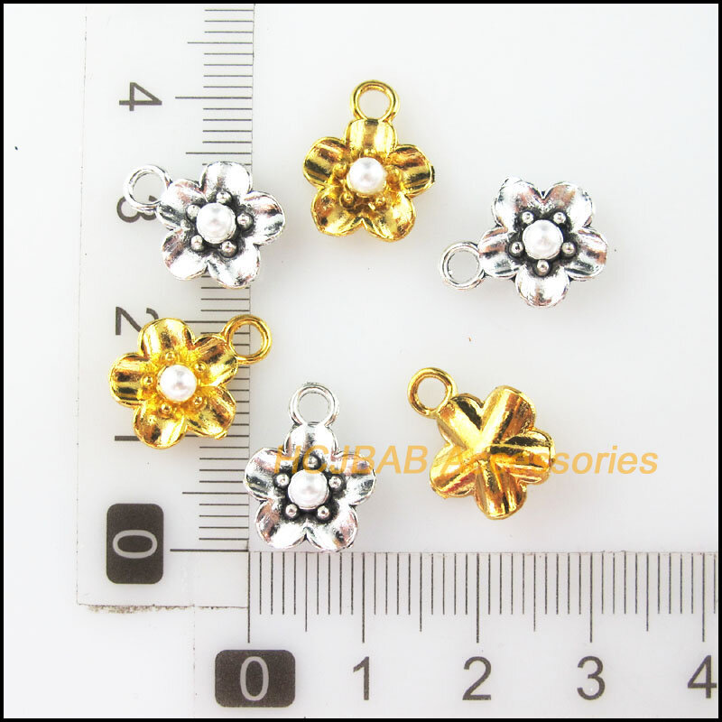 25Pcs Gold Tibetan Silver Tone Star Flower White Acrylic Beads Charms Pendants 11.5x15mm