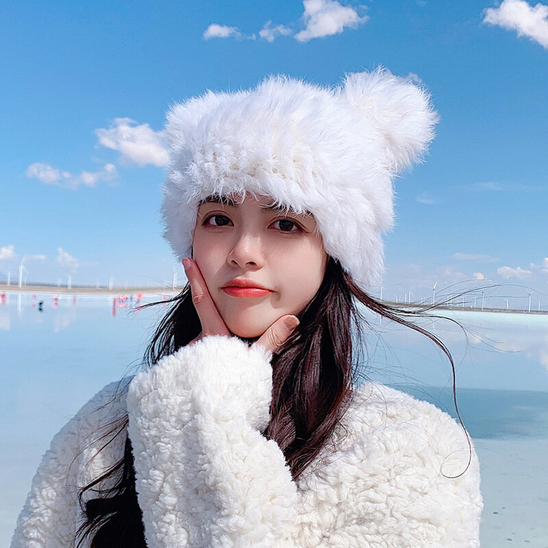 Novo inverno quente real pele de coelho chapéu chapéu de neve chapéus de inverno para mulheres meninas verdadeira pele de malha skullies gorro macio natural