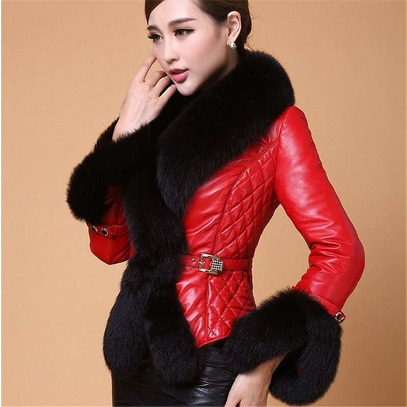 ฤดูหนาวใหม่แจ็คเก็ตหนังผู้หญิง Coat Faux Fox Fur Collar สั้นหนัง PU หนังหญิง Elegant รถจักรยานยนต์ Zipper Outerwear