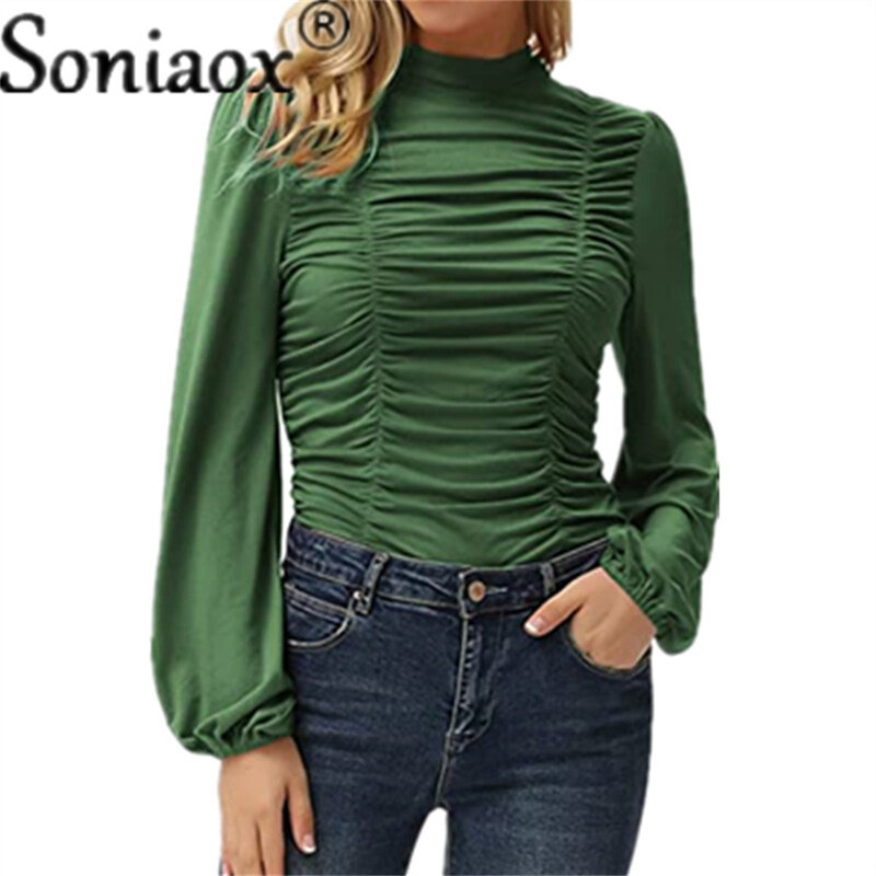 2021 jesień kobiety bluzka Solid Color topy z okrągłym dekoltem pół-wysoki kołnierz plisowana latarnia z długim rękawem T-Shirt damski luźny pulower